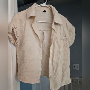 Shein Cream Linen Button Down Short Sleeve Top